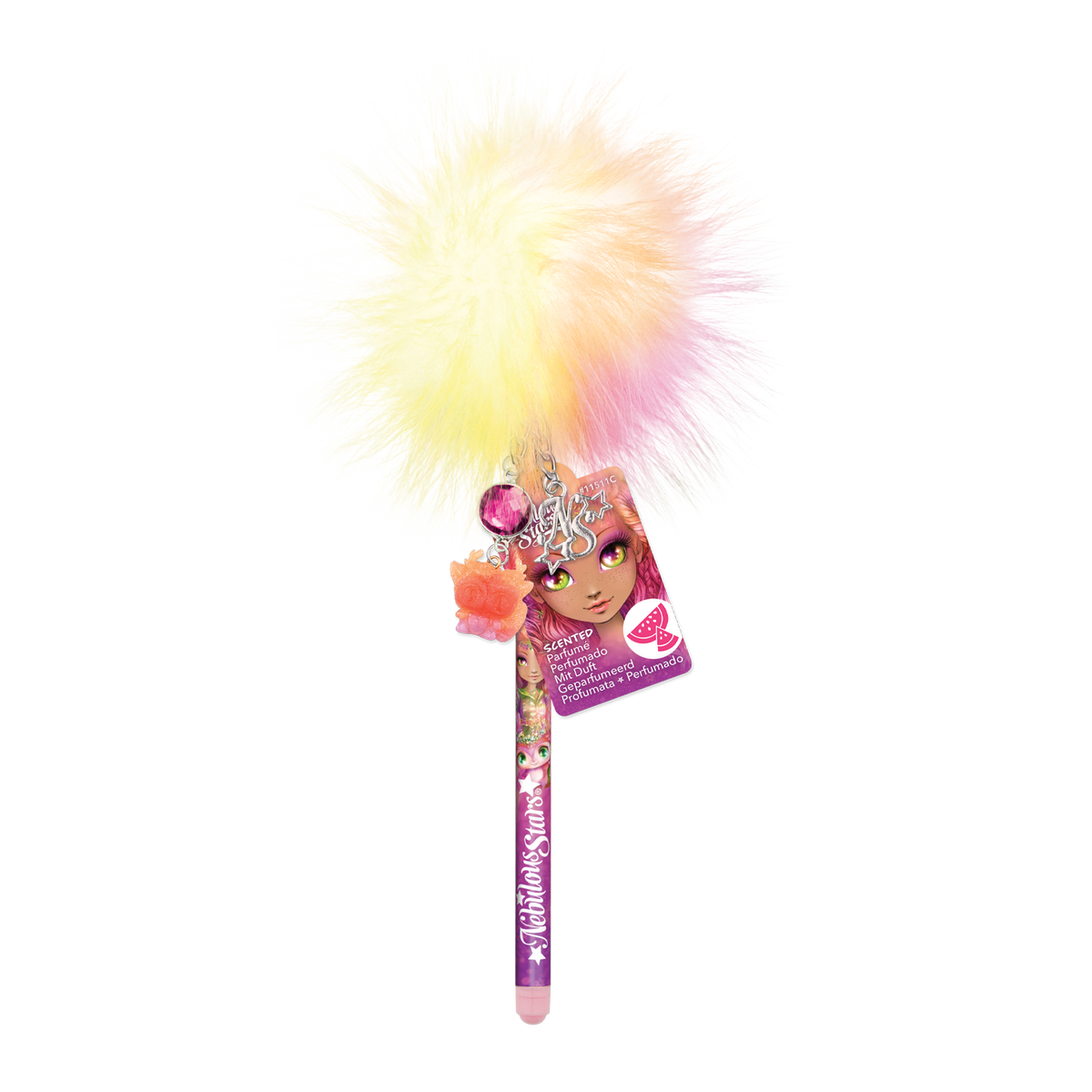 Nebulous Stars Scented Pom Pom Pen – ballpoint pen with a rainbow pom pom, charms, and scented ink
