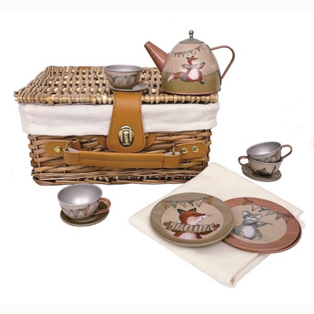 Tin Tea Set Musician In a Wicker Basket