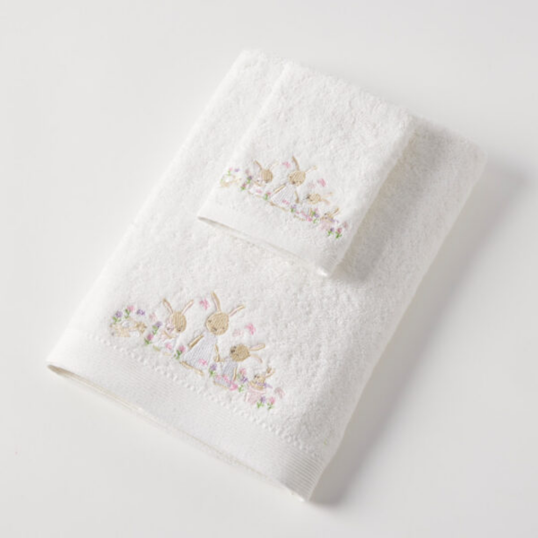 Bunny Garden Bath Towel & Face Washer in Organza Bag