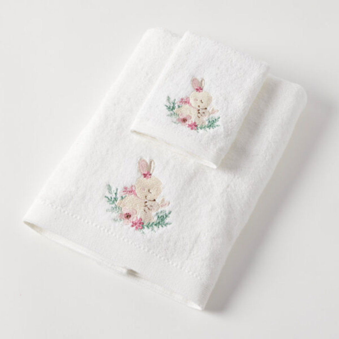Pink Bunny Bath Towel & Face Washer in Organza Bag
