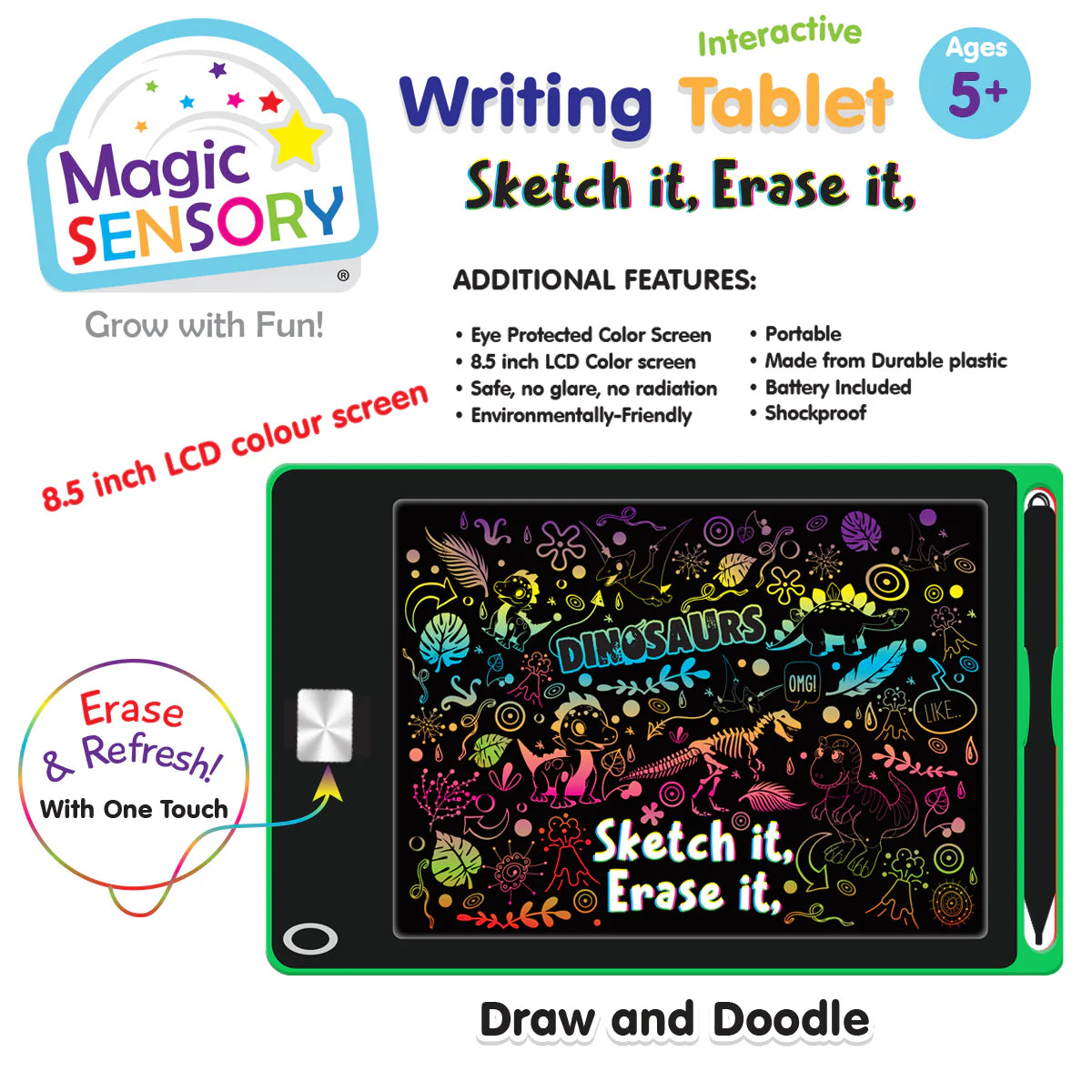 Interactive LCD Writing Tablet - Green Dino (USB Rechargeable)
