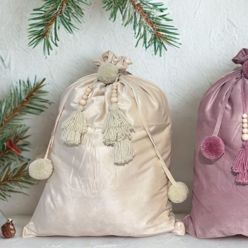 Large Velvet Christmas Gift Bag - Cream