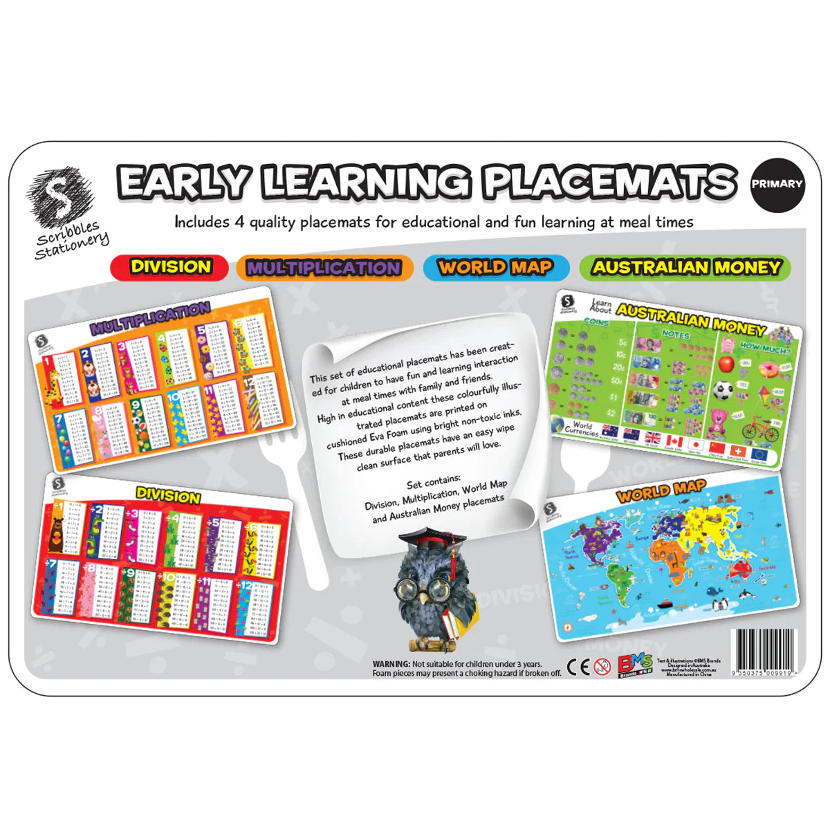 Primary Early Learning Educational Placemats 4 Pack