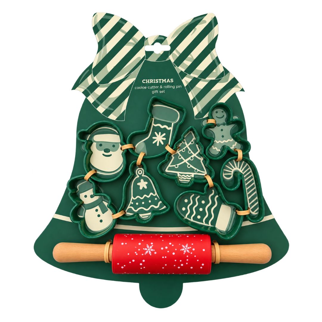 Cookie Cutter and Rolling Pin 9pcs Gift Set Red & Green