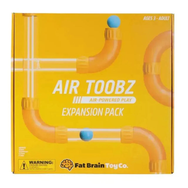 Box of Air Toobz expansion pack with orange tubes and blue balls on a yellow background.