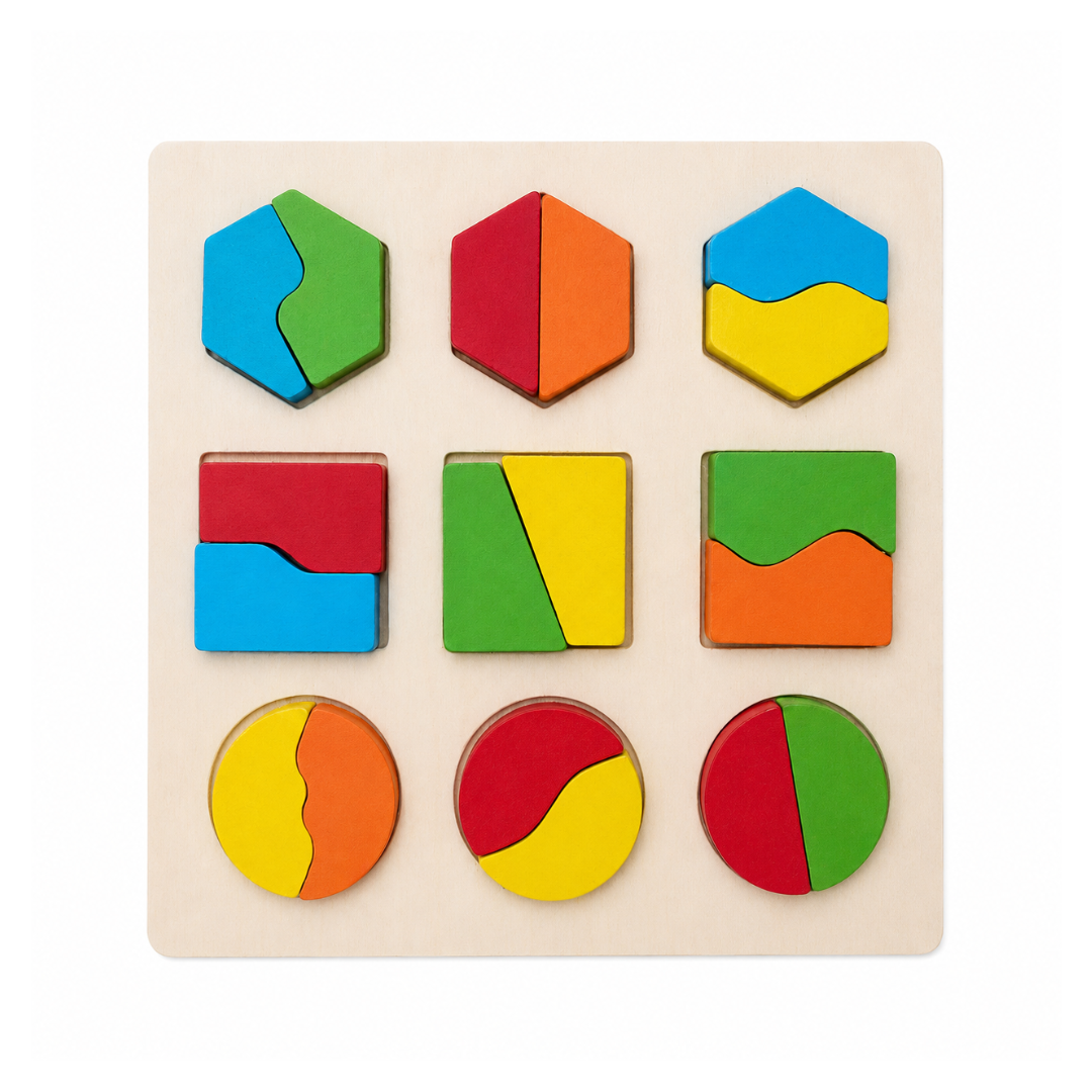 A wooden geometric puzzle board featuring nine colorful matching pieces arranged in a 3x3 grid on a light natural wood background, photographed against a clean white studio backdrop.