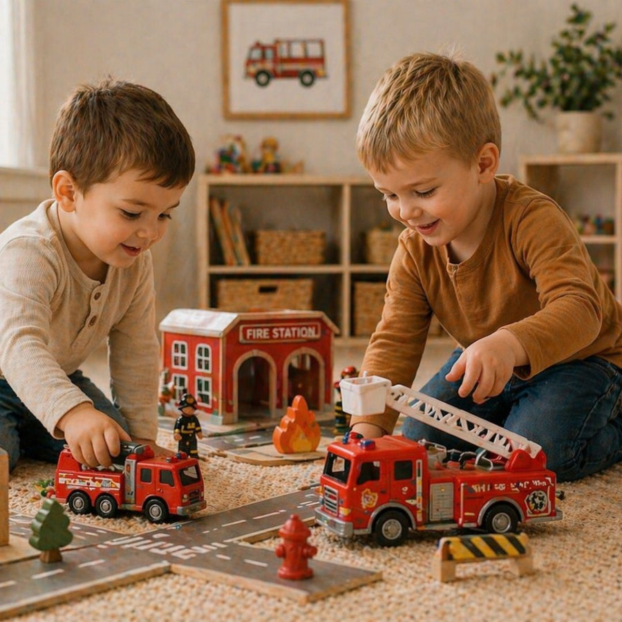 Fire Station Toys shown in a playroom setting