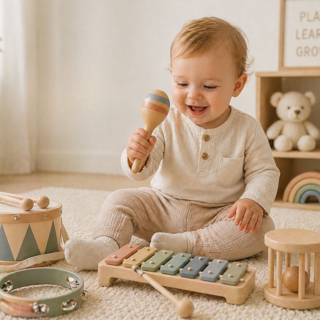 Child playing with music toys & sound play at home