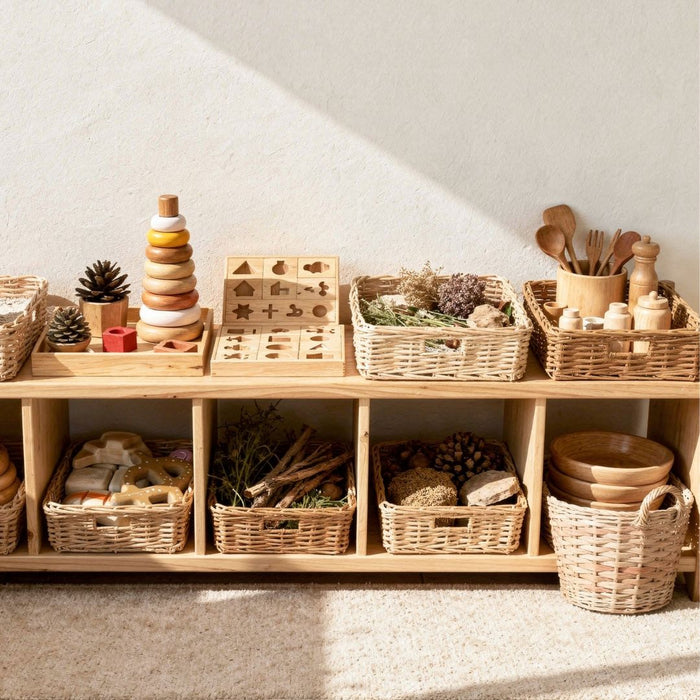 young child exploring montessori toys in a calm home playroom setting