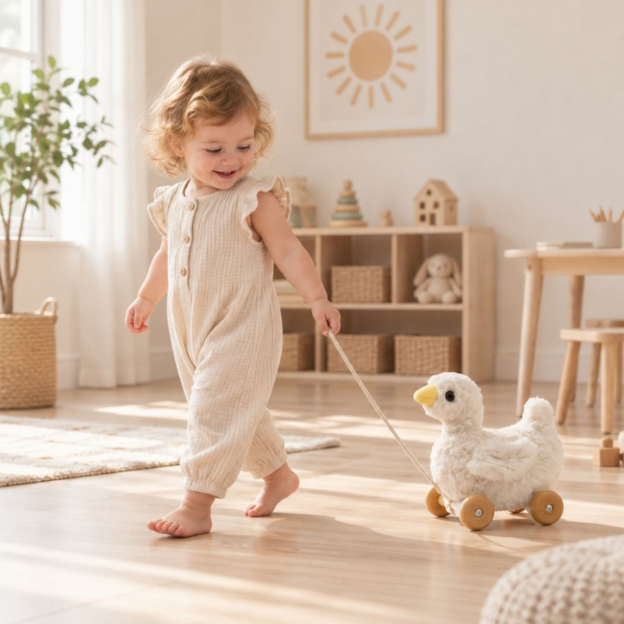 Child playing with push & pull along toys at home