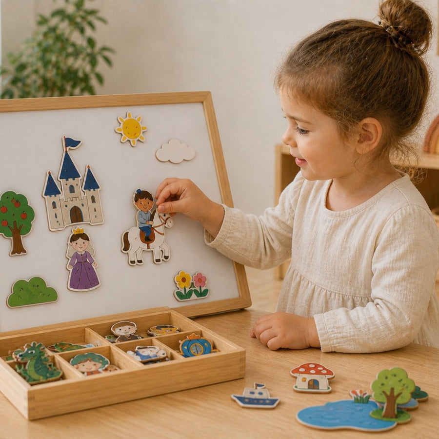 Child playing with magnetic story play sets at home