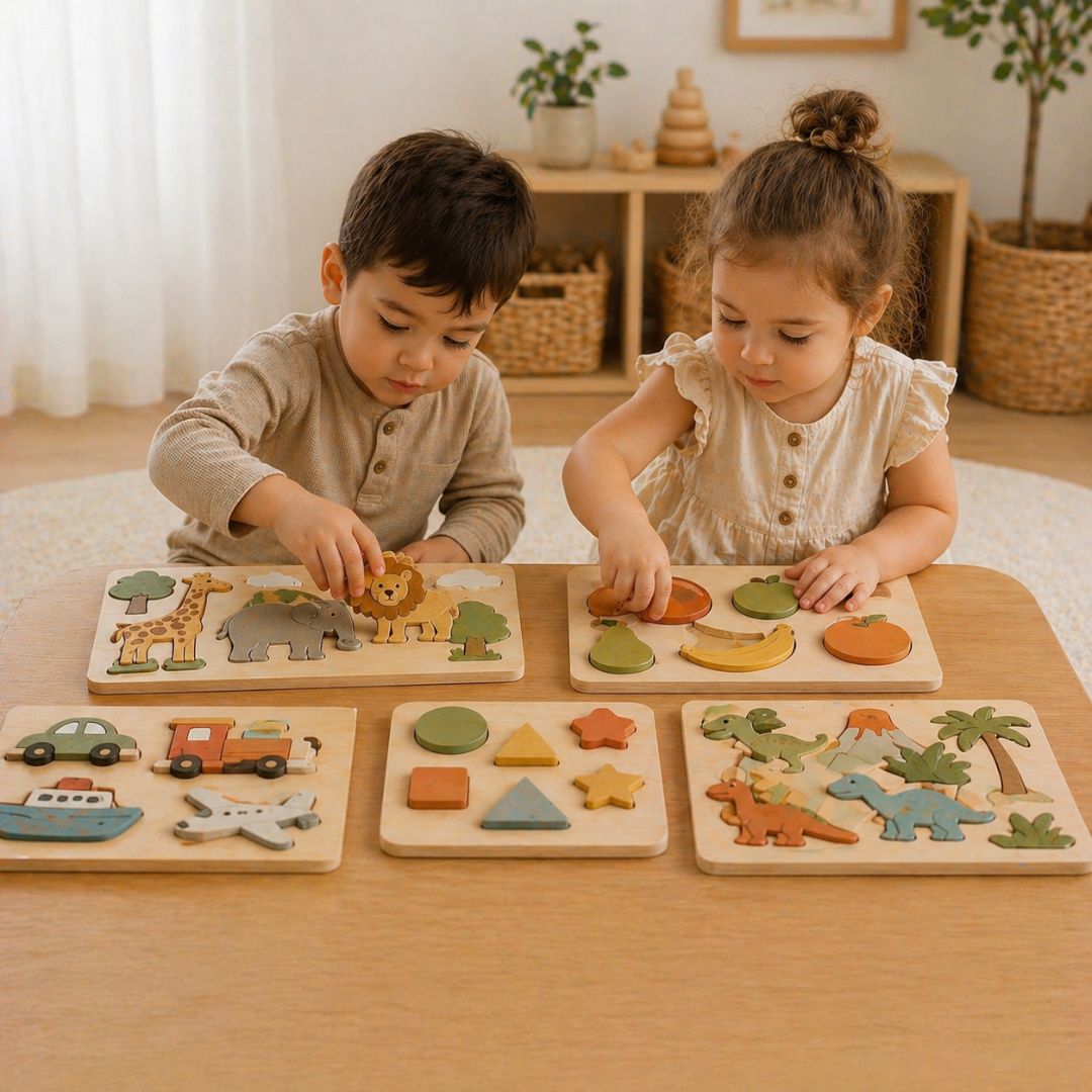 Child working through wooden puzzles at a table
