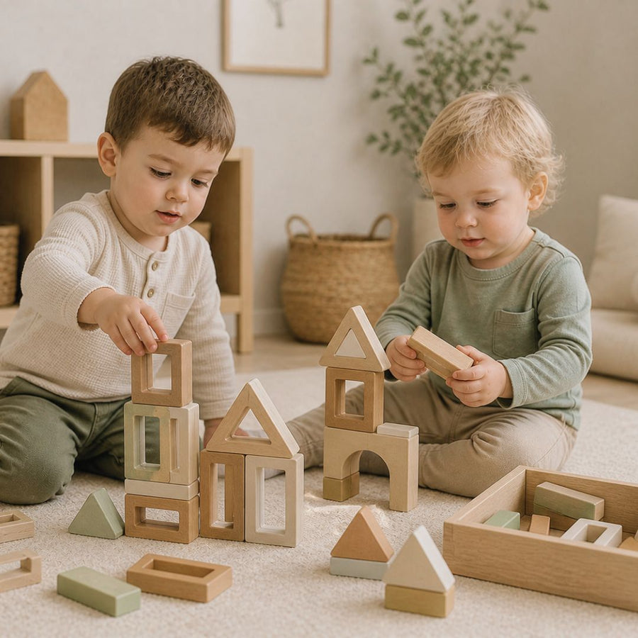 Child playing with magnetic blocks at home