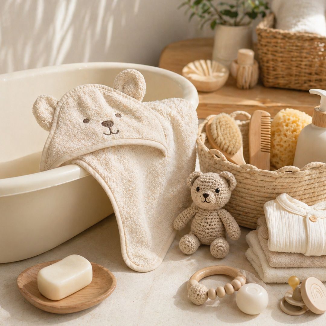 Child playing with bath & care essentials at home