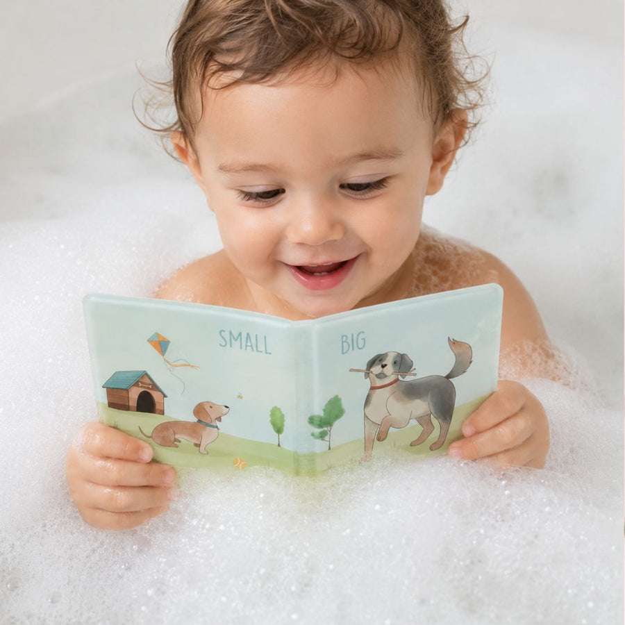 Young child exploring bath books for toddlers