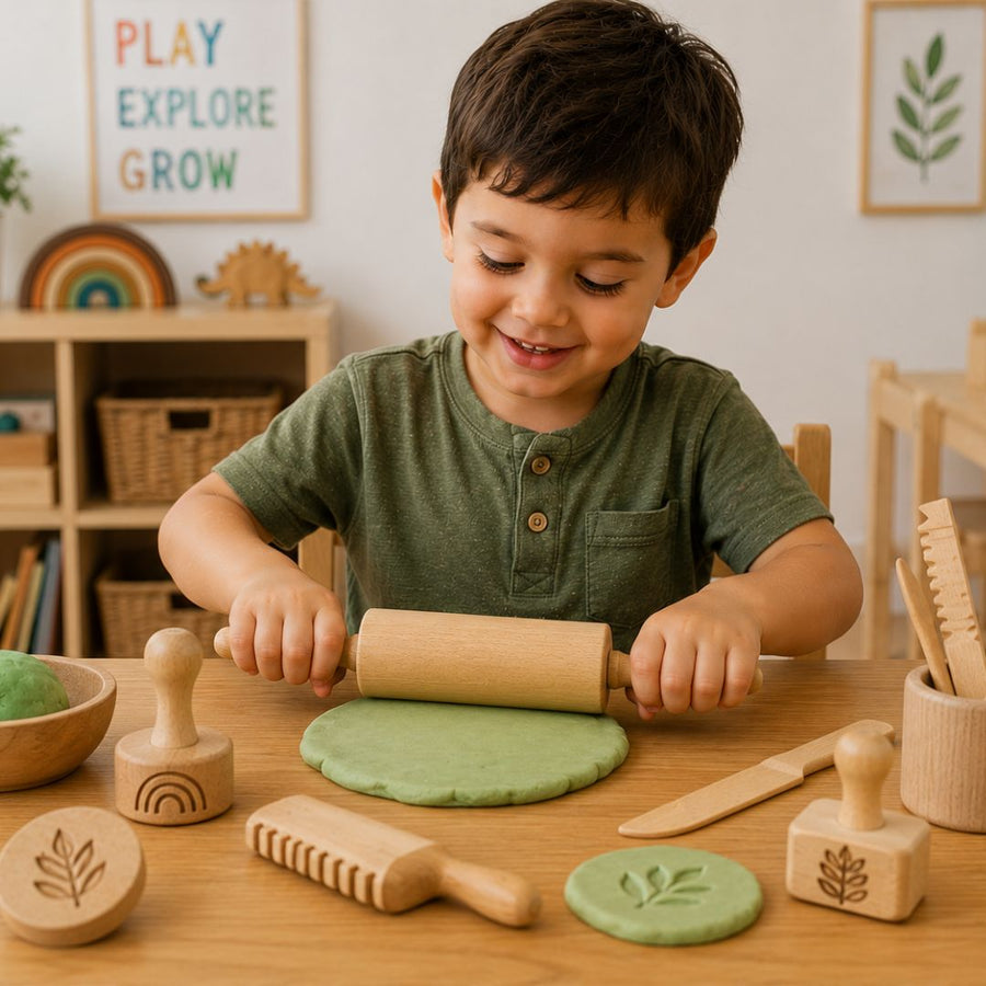 Child making something with play dough tools