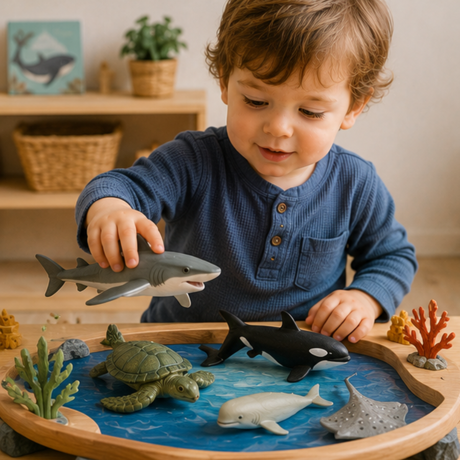 Child playing with ocean animal toys at home