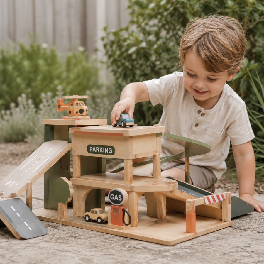 Wooden Toy Car Garages shown in a playroom setting