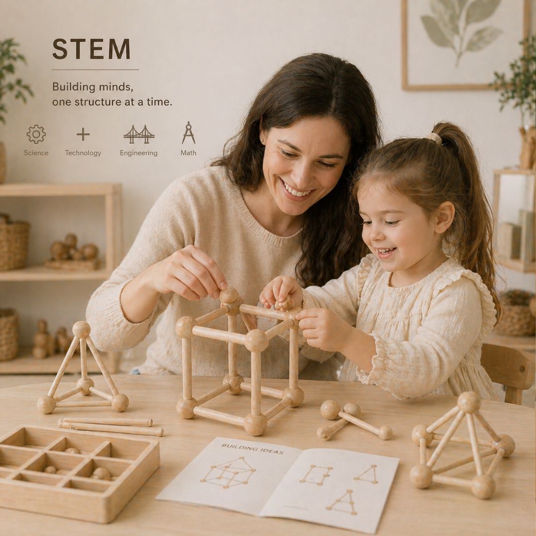 Child working through advanced building & stem play at a table