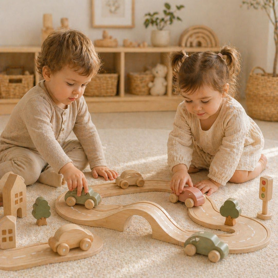 Wooden Car Track set out ready for play