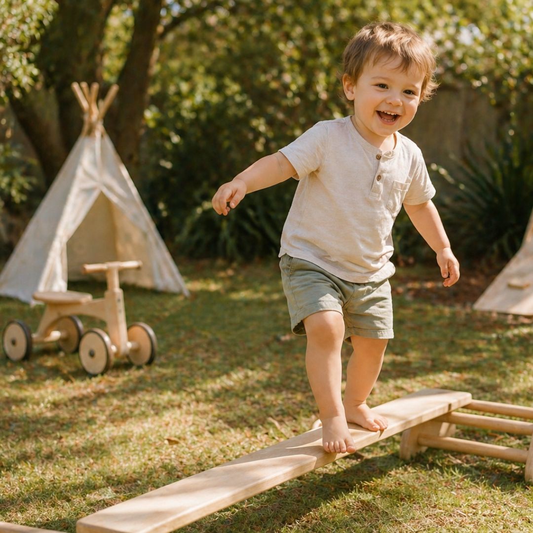 Child playing with balance & coordination toys at home