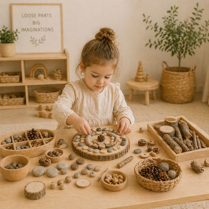 lifestyle image of toddler playing with loose parts play in neutral setting