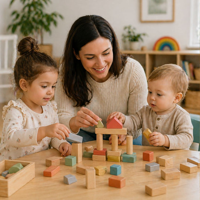 young child exploring wooden blocks in a calm home playroom setting