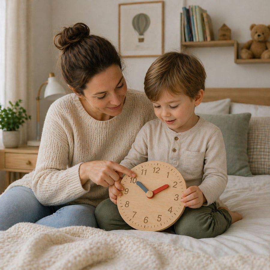 Child playing with kids clocks at home