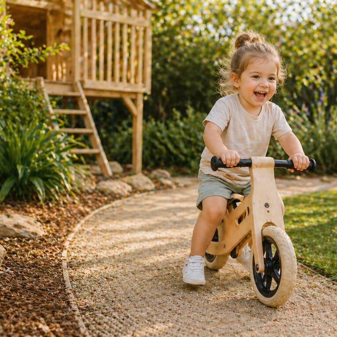 Child playing outdoors with ride on toys & first wheels