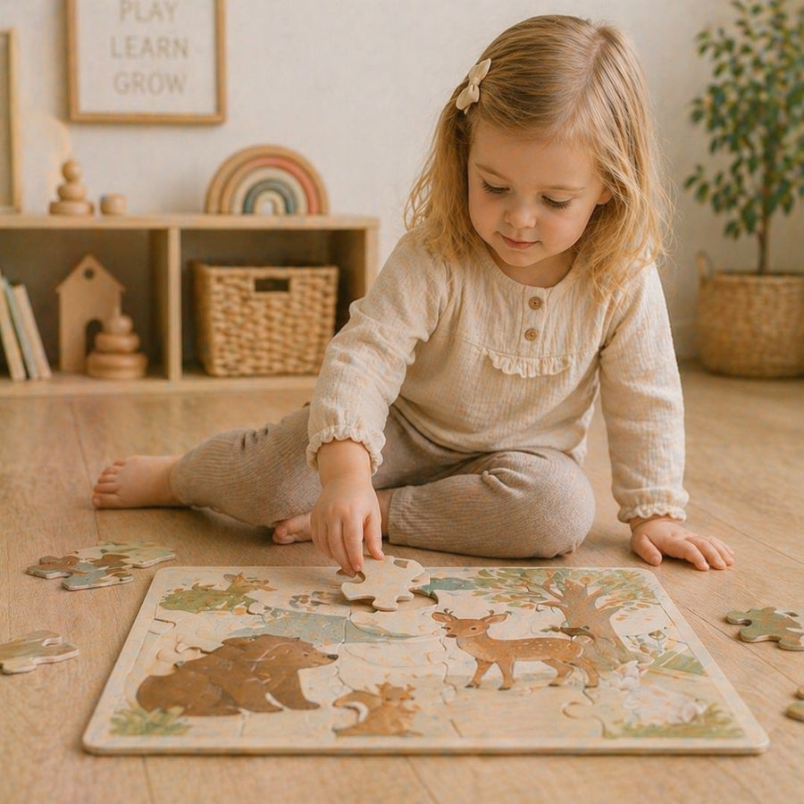 Young child exploring floor puzzles for toddlers & kids