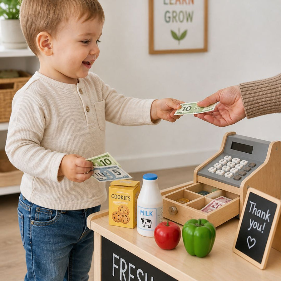 Toy Money & Cash Play Sets set out ready for play
