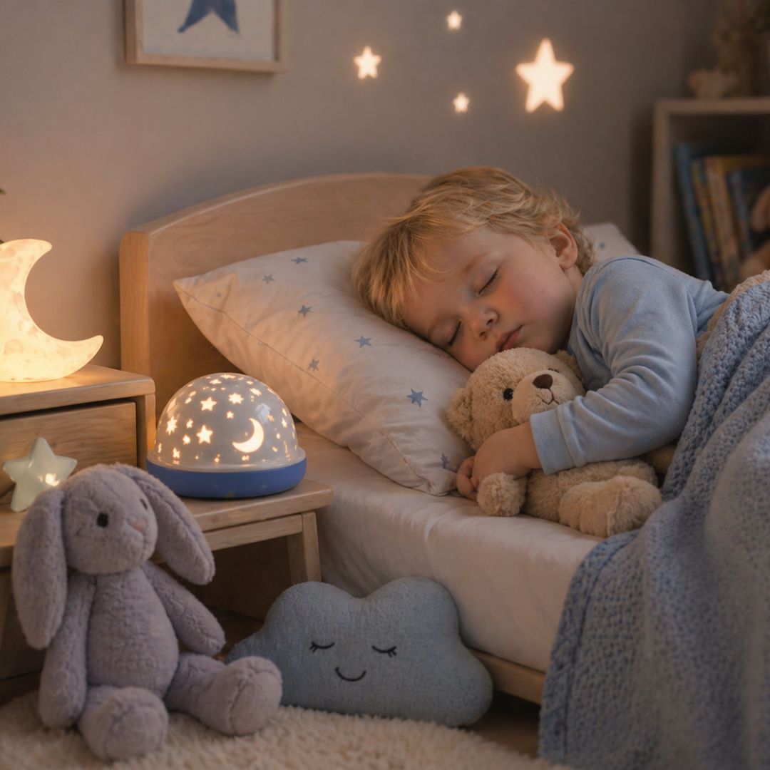 Child playing with sleep & comfort toys at home