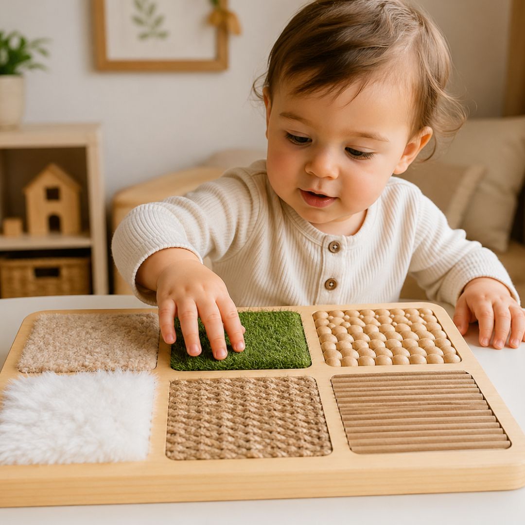 Child playing with toys for touch, texture & exploration at home