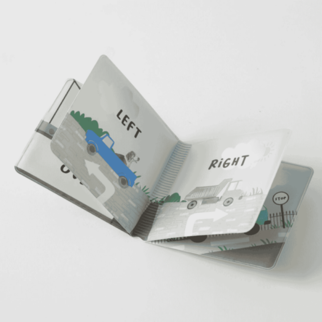 Close-up detail of the Trucking Along Bath Book