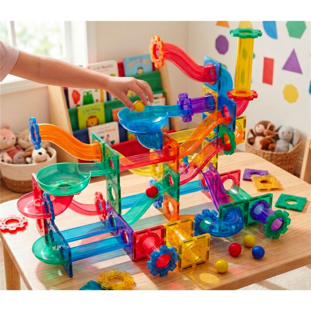 Close-up detail of the TileTek 95 Piece Ball Run Set magnetic tiles
