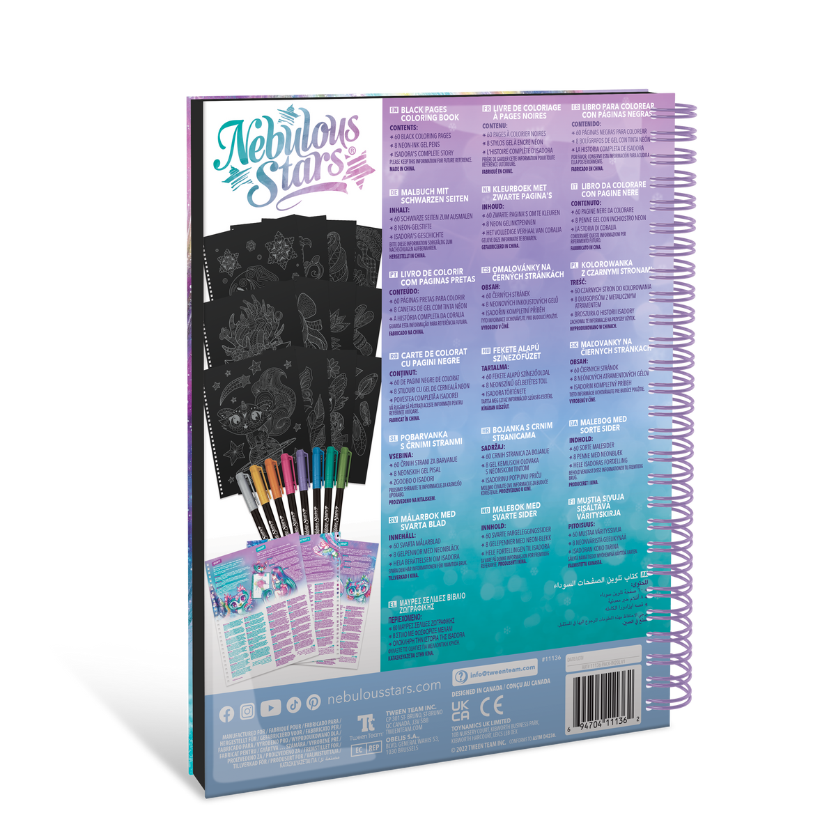 Nebulous Stars Black Pages Colouring Book - Isadora (Metallic Pens) shown with all pieces laid out