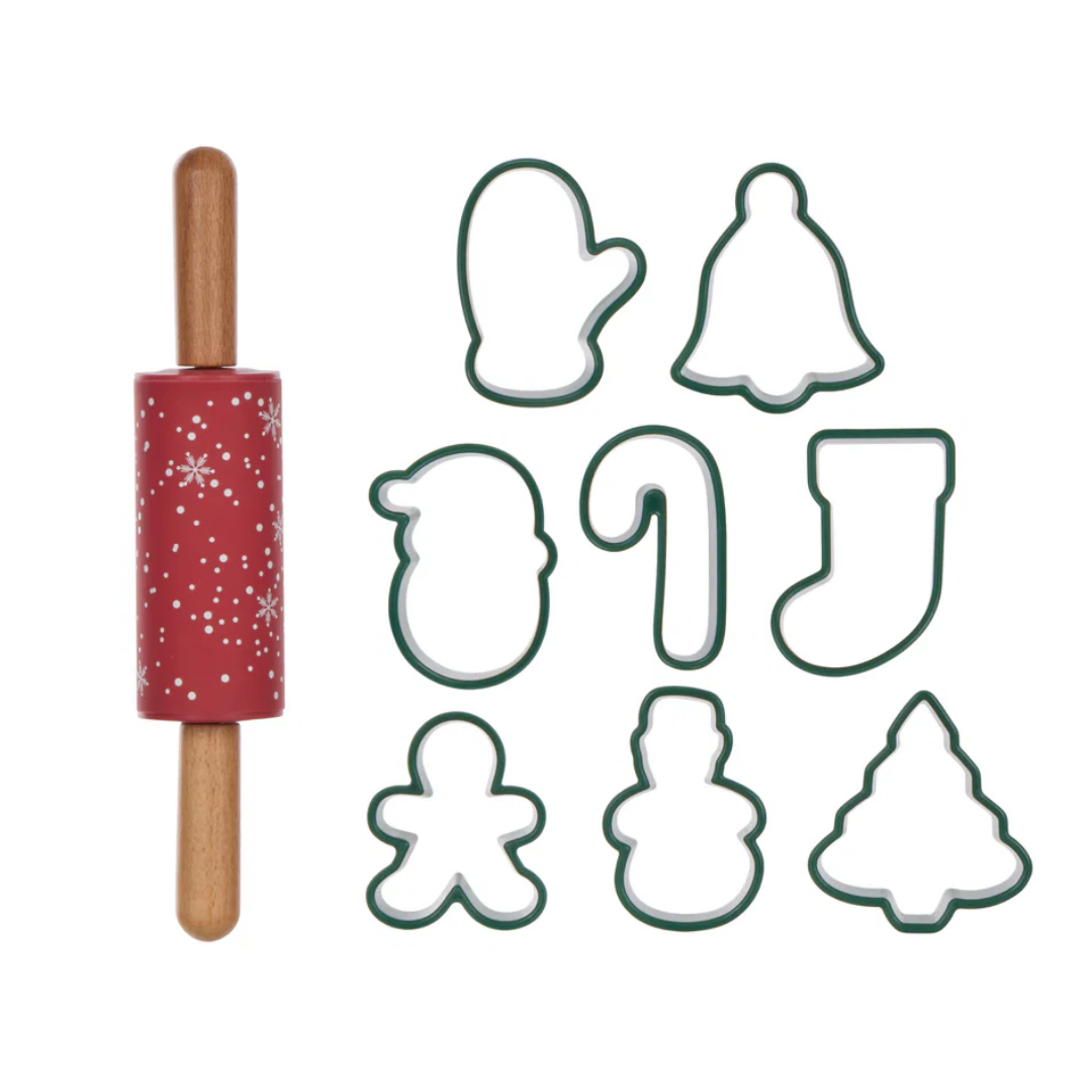 Cookie Cutter and Rolling Pin 9pcs Gift Set Red & Green