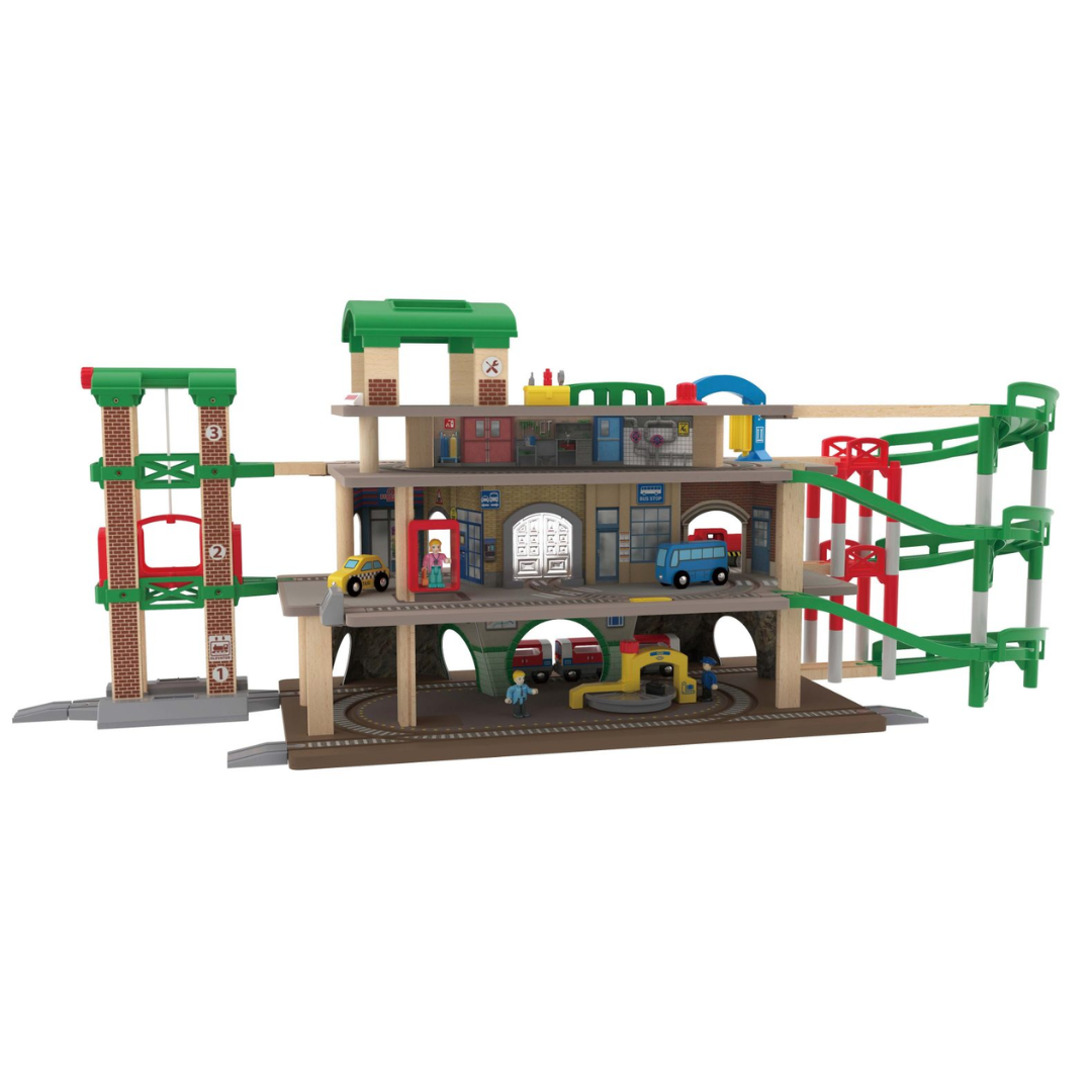 Close-up detail of the Hape Muti-Level Railway City Set wooden railway set