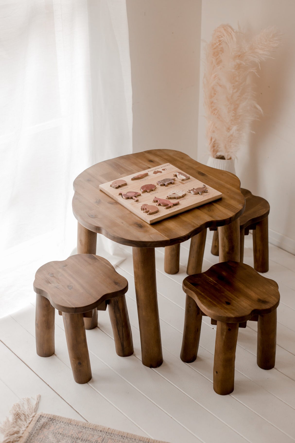 Hardwood Tree Table and 3 Stools