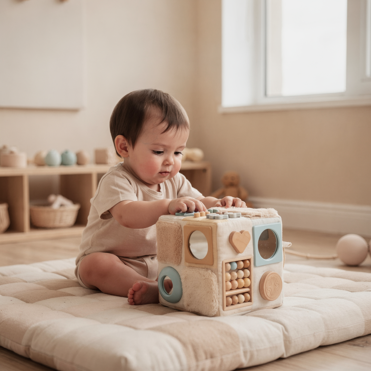One year old calmly engaged in open-ended developmental play