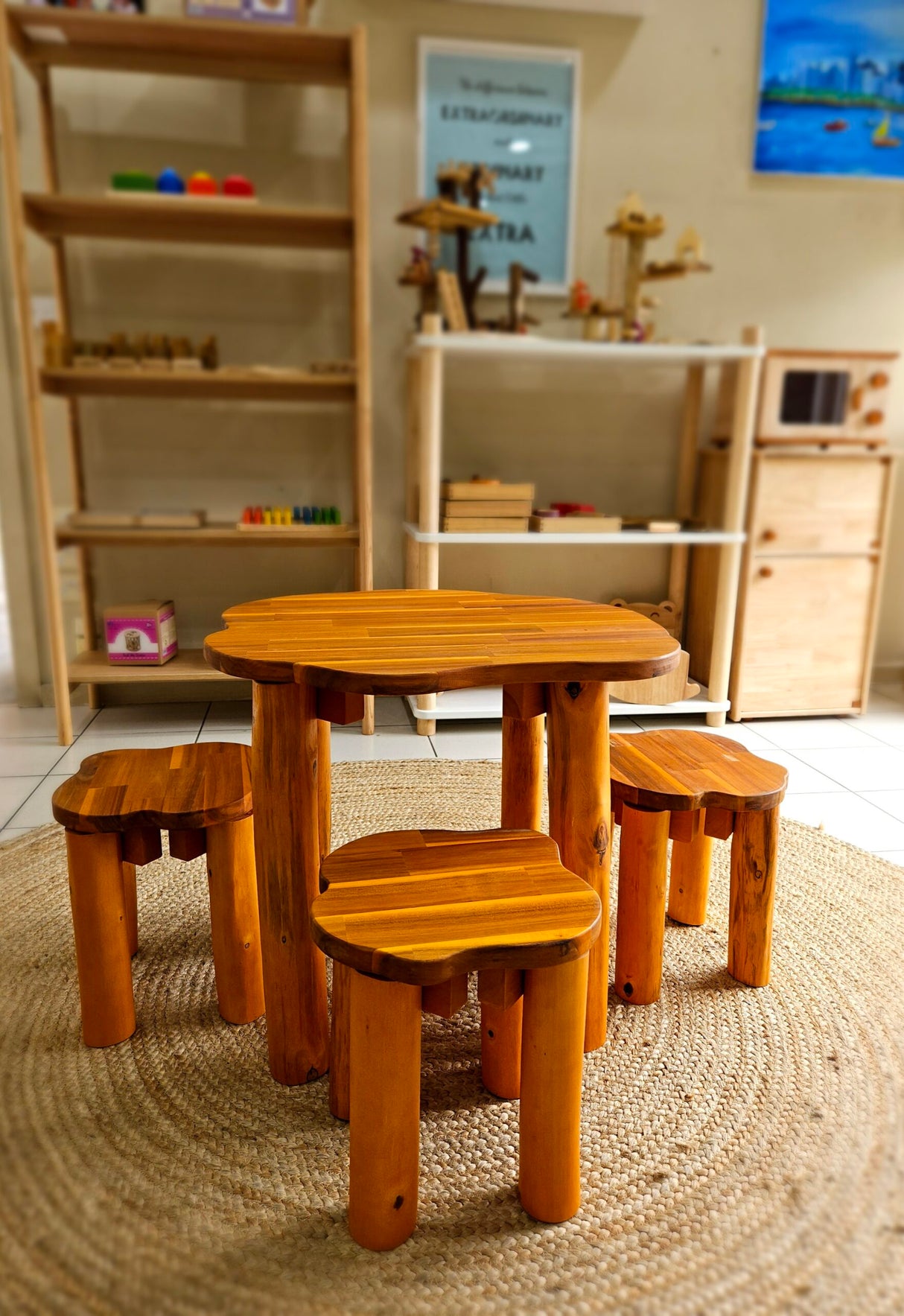 Hardwood Tree Table and 3 Stools