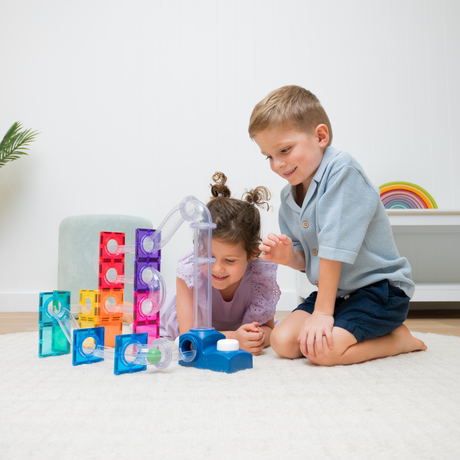 Connetix Ball Run Launcher Pack 47 pc built into a finished structure