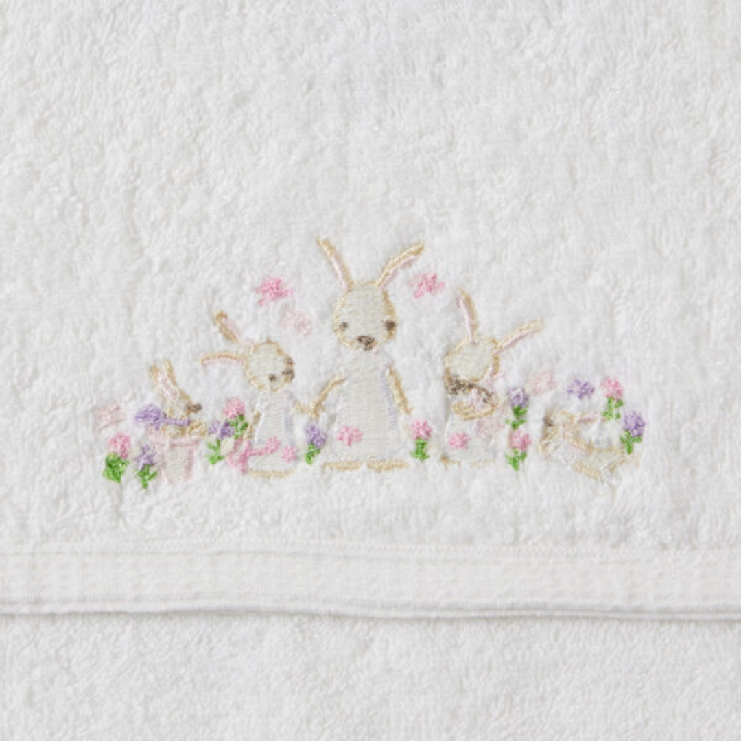 Close-up detail of the Bunny Garden Bath Towel & Face Washer in Organza Bag