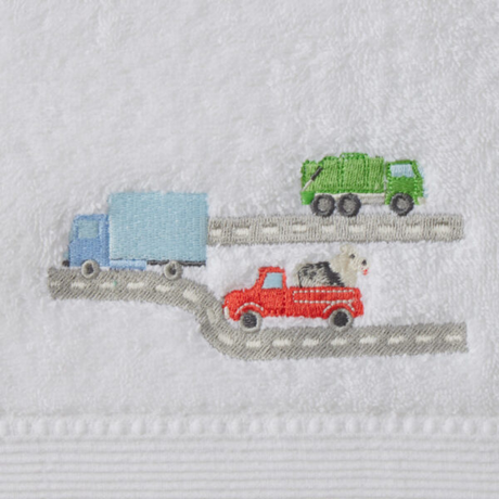 Trucking Along Bath Towel & Face Washer in Organza Bag in use