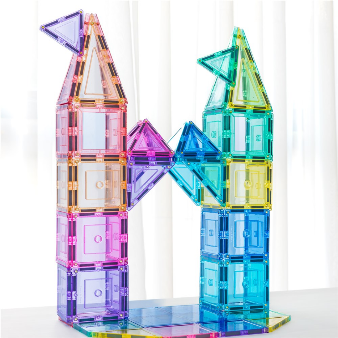 TileTek 112 Piece Pastel Builders Set built into a finished magnetic tile structure