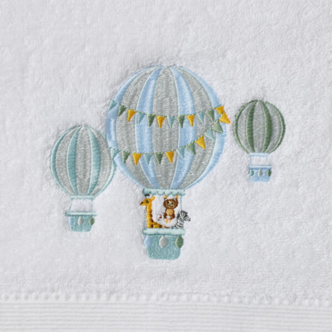 Close-up detail of the Balloon Voyage Bath Towel & Face Washer in Organza Bag