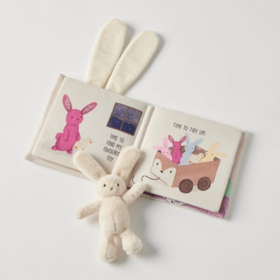 Close-up detail of the Goodnight Bunny Activity Fabric Book & Toy Set