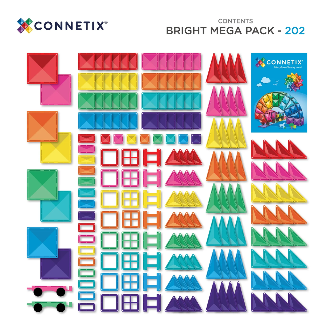 Every piece included in the Connetix Bright Mega Pack 202 pc