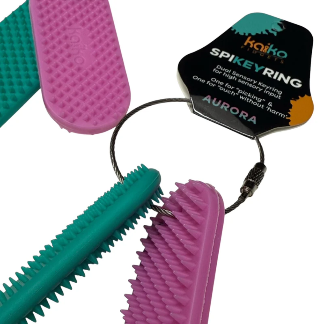 Close-up detail of the SpiKEYring Dual Pads Teal & Pink