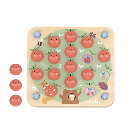 Wooden puzzle with cartoon apples and animals on a white background